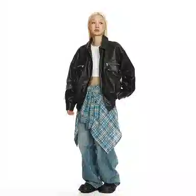 美式复古机车风宽松翻领夹克设计皮衣 男女同款