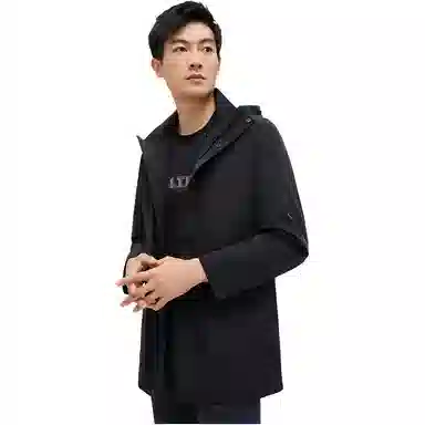 卡尔丹顿 纯色连帽拉链中长款长袖风衣 男款 藏青色