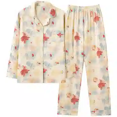 梦特娇 枫叶长袖长裤翻领开衫家居服 休闲风精致高级感亲肤舒适纯棉保暖上衣可外穿睡衣套装 秋冬季 女款 两件套 米黄色