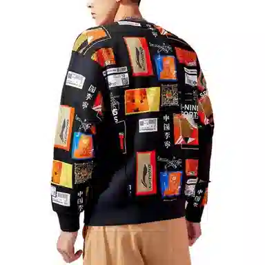 中国李宁 韦德系列 图案印花拼接宽松圆领卫衣 情侣款 黑色