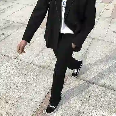 我是大卫 纯色中腰宽松直筒开叉休闲裤 男女同款 黑色