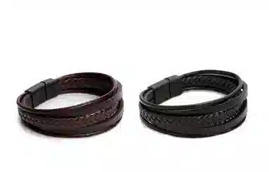 若觅 皮革编 黑色 深棕色 皮革 手环 手链 男款