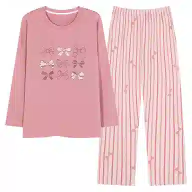 莫代尔 韩版细腻柔软温柔亲肤舒适透气一体式自带胸垫不跑杯套头长袖休闲宿舍可外穿长裤睡衣套装 女款 粉红色