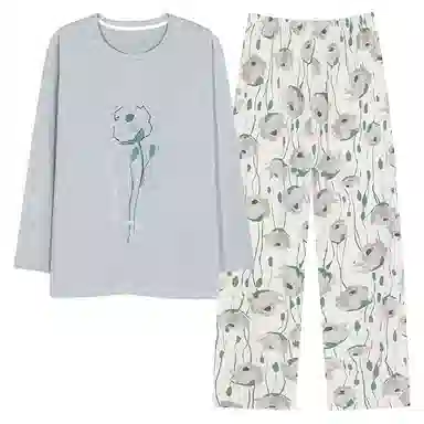 莫代尔 小清新长袖长裤带胸垫简约时尚柔软舒适透气居家可外穿睡衣套装 女款 图色