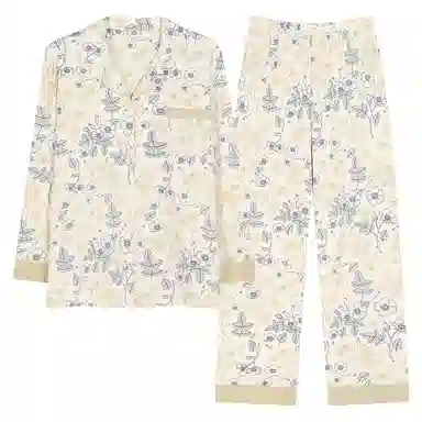 莫代尔 小清新时尚亲肤透气细腻柔软舒适开衫翻领长袖可外穿春秋季睡衣套装 女款 杏色