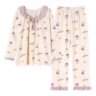 莫代尔 吸湿排汗微弹亲肤耐磨细腻舒适柔软透气可居家休闲可外穿长袖长裤睡衣套装 女款 杏色