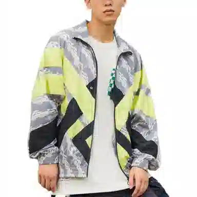 中国李宁 都市游牧 宽松运动立领拼色长袖夹克 男款 满印拼接黑色荧光果酸绿