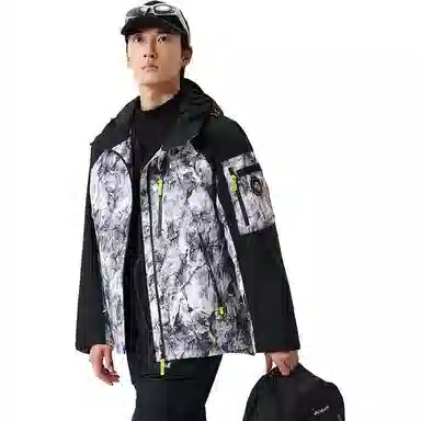探路者 户外防风防水登山冲锋衣 男款 冰裂纹白色印花\黑色