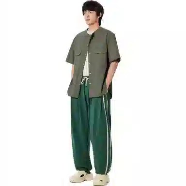 速写 圆领纯棉宽松短袖衬衫 男款 灰竹绿