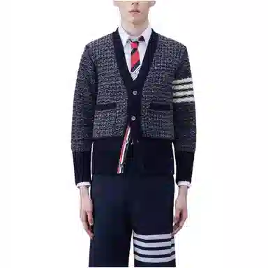 THOM BROWNE Mohair Tweed 4-Bar Classic V-Neck Cardigan V