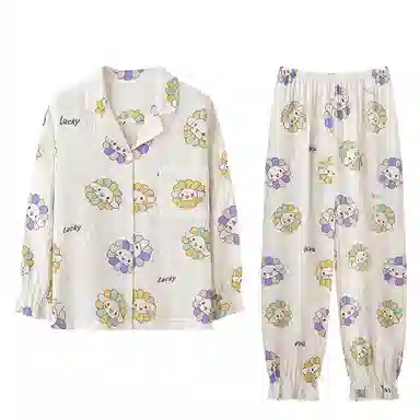 欧迪芬 亲肤柔软舒适透气绉布长袖开衫翻领可爱印花甜美长裤睡衣套装 女款 白色