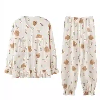 欧迪芬 亲肤柔软舒适透气绉布长袖开衫翻领可爱印花甜美长裤睡衣套装 女款 白色