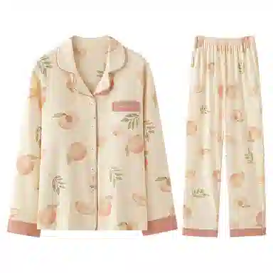 兰缪 桃子满印翻领带胸垫上衣吸湿排汗透气长裤睡衣套装 女款 杏色