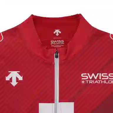 DESCENTE Triathlon Stripe Cross Print Zip Jacket Red