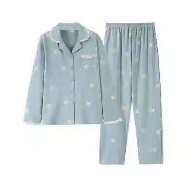 歌倩雅 简约舒适亲肤宽松翻领开衫长袖长裤可外穿睡衣套装 女款 蓝色