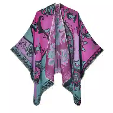 梦特娇 秋冬加厚防风保暖复古开叉喇叭花腰果 披肩 女款