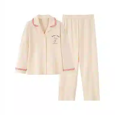 歌倩雅 简约休闲翻领开衫长袖长裤可外穿睡衣套装 女款 杏色