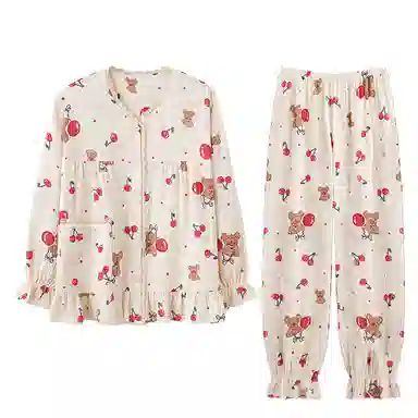 欧迪芬 亲肤柔软舒适透气绉布长袖开衫翻领可爱印花甜美长裤睡衣套装 女款 白色