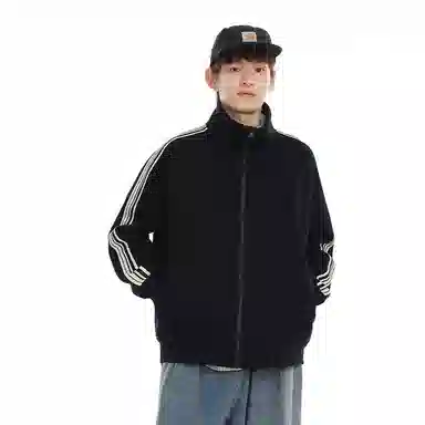 悍戈 春秋季 美式舒适柔软立领开衫外套侧边织带结构款宽松运动拉链夹克日系复古基础宽百搭长袖卫衣 男女同款 黑色