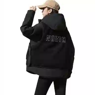 鸭鸭 拼接连帽拉链保暖长袖羽绒服 男女同款