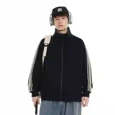 悍戈 春秋季 美式舒适柔软立领开衫外套侧边织带结构款宽松运动拉链夹克日系复古基础宽百搭长袖卫衣 男女同款 黑色