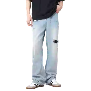 赞仕 水洗复古褪色做旧美式休闲直筒阔腿牛仔裤 男女同款 浅蓝色