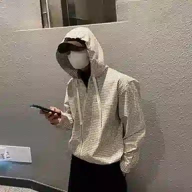 我是大卫 宽松连帽衬衫休闲百搭薄款拉链夹克外套 男款 格子