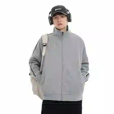 悍戈 春秋季 美式舒适柔软立领开衫外套侧边织带结构款宽松运动拉链夹克日系复古基础宽百搭长袖卫衣 男女同款 黑色