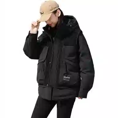 鸭鸭 拼接连帽拉链保暖长袖羽绒服 男女同款