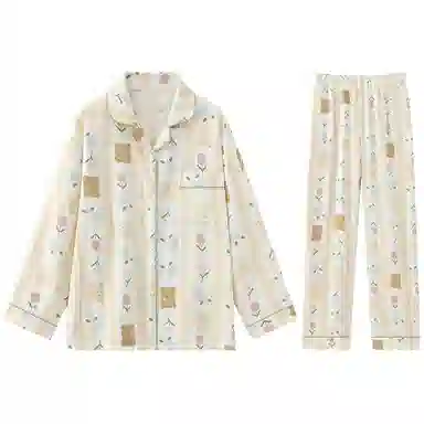 兰缪 简约亲肤舒适带胸垫一体防凸点长袖可外穿休闲长裤睡衣套装 女款 杏色