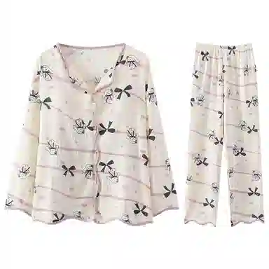 兰缪 翻领长袖长裤薄款带胸垫一体防凸点睡衣套装 女款 杏色