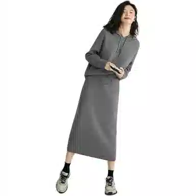 【dme】 连帽休闲长袖上衣针织衫纯色简约长裙裙装套装 女款 深灰色