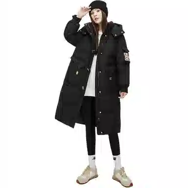 鸭鸭 字母刺绣中长款简约连帽拉链舒适长袖羽绒服 女款
