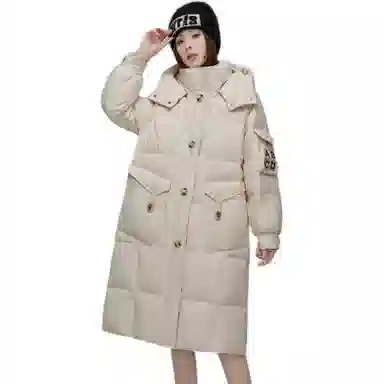 鸭鸭 字母刺绣中长款简约连帽拉链舒适长袖羽绒服 女款