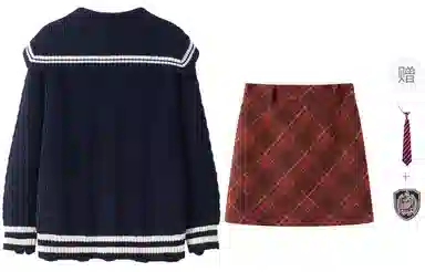 东鲸岁时记 学院风高级感拼色海军领宽松上衣包臀宽松经典格纹半裙搭配一整套裙装套装 秋冬季 女款 礼盒装 藏青色+红色