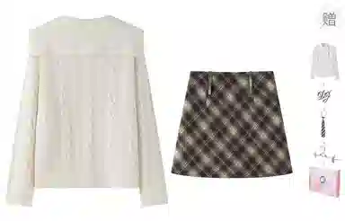 东鲸岁时记 学院风海军领复古绞花上衣毛衣外套学姐感松弛感宽松文艺风经典格纹半裙穿搭一整套裙装套装 秋冬季 女款 礼盒装 米白色