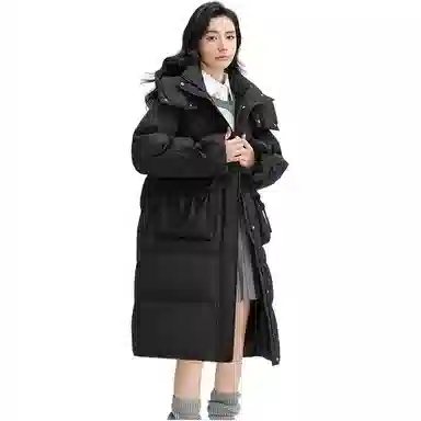 鸭鸭 纯色口袋连帽中长款长袖羽绒服 女款