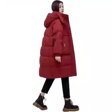鸭鸭 纯色连帽口袋中长款长袖羽绒服 女款