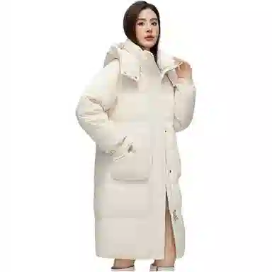 鸭鸭 纯色连帽口袋中长款长袖羽绒服 女款
