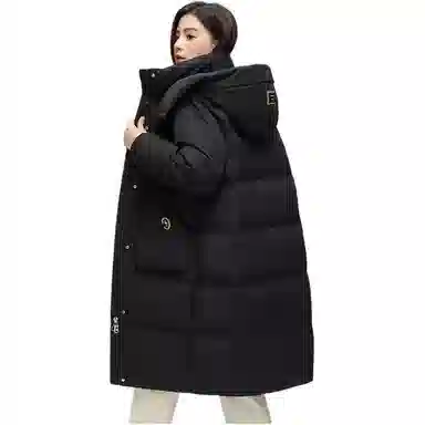 鸭鸭 纯色连帽口袋中长款长袖羽绒服 女款