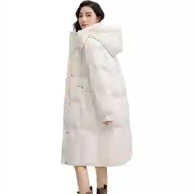 鸭鸭 纯色连帽口袋中长款休闲长袖羽绒服 女款