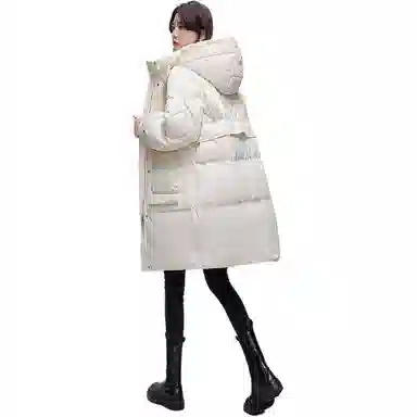 鸭鸭 纯色口袋连帽宽松中长款羽绒服 女款