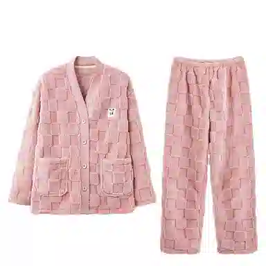 欧迪芬 纯色开衫长袖柔软保暖舒适简约长裤睡衣套装 女款 粉色