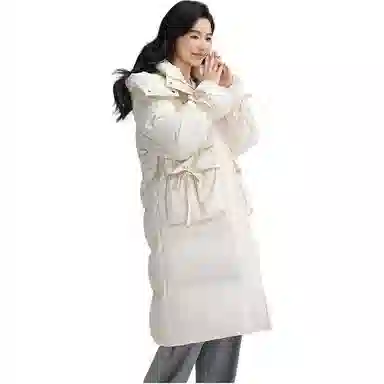 鸭鸭 纯色口袋连帽中长款长袖羽绒服 女款