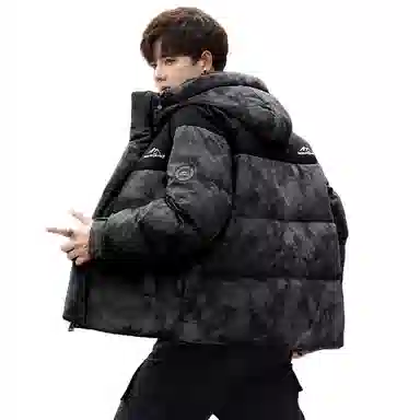 鸭鸭 青年时尚韩版潮流短款连帽户外运动休闲百搭防寒保暖迷彩面包羽绒服 男女同款