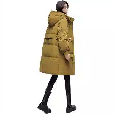 鸭鸭 纯色口袋连帽宽松中长款羽绒服 女款