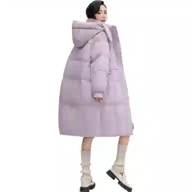鸭鸭 纯色连帽口袋中长款休闲长袖羽绒服 女款