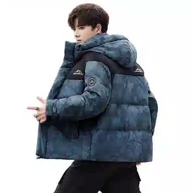 鸭鸭 青年时尚韩版潮流短款连帽户外运动休闲百搭防寒保暖迷彩面包羽绒服 男女同款