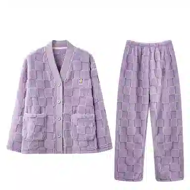 欧迪芬 纯色开衫长袖柔软保暖舒适简约长裤睡衣套装 女款 粉色