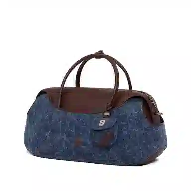 古良吉吉 通勤时尚拉链开合 头层牛皮 棒球波士顿包单肩斜挎包 大号 女款 帆布白/帆布黑/复古牛仔